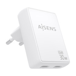 AISENS ASCH-30W2P075-W Cargador De Pared GaN Ultra Delgado 30W, 2xUSB-C PD3.0 QC4.0, Blanco, Interior, Corriente alterna, 20 V,