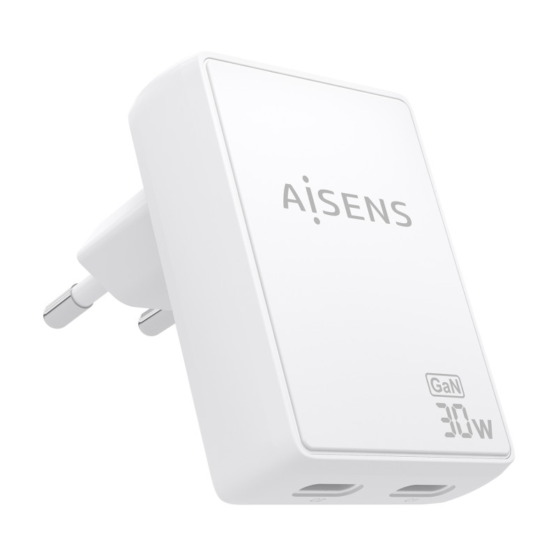AISENS ASCH-30W2P075-W Cargador De Pared GaN Ultra Delgado 30W, 2xUSB-C PD3.0 QC4.0, Blanco, Interior, Corriente alterna, 20 V,