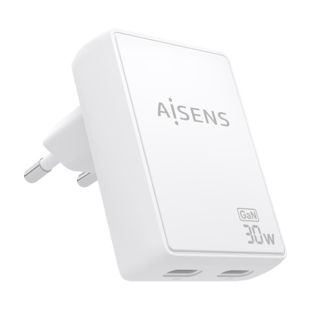 AISENS ASCH-30W2P075-W Cargador De Pared GaN Ultra Delgado 30W, 2xUSB-C PD3.0 QC4.0, Blanco, Interior, Corriente alterna, 20 V,