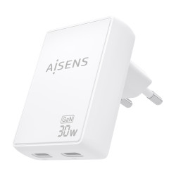 AISENS ASCH-30W2P075-W Cargador De Pared GaN Ultra Delgado 30W, 2xUSB-C PD3.0 QC4.0, Blanco, Interior, Corriente alterna, 20 V, 2