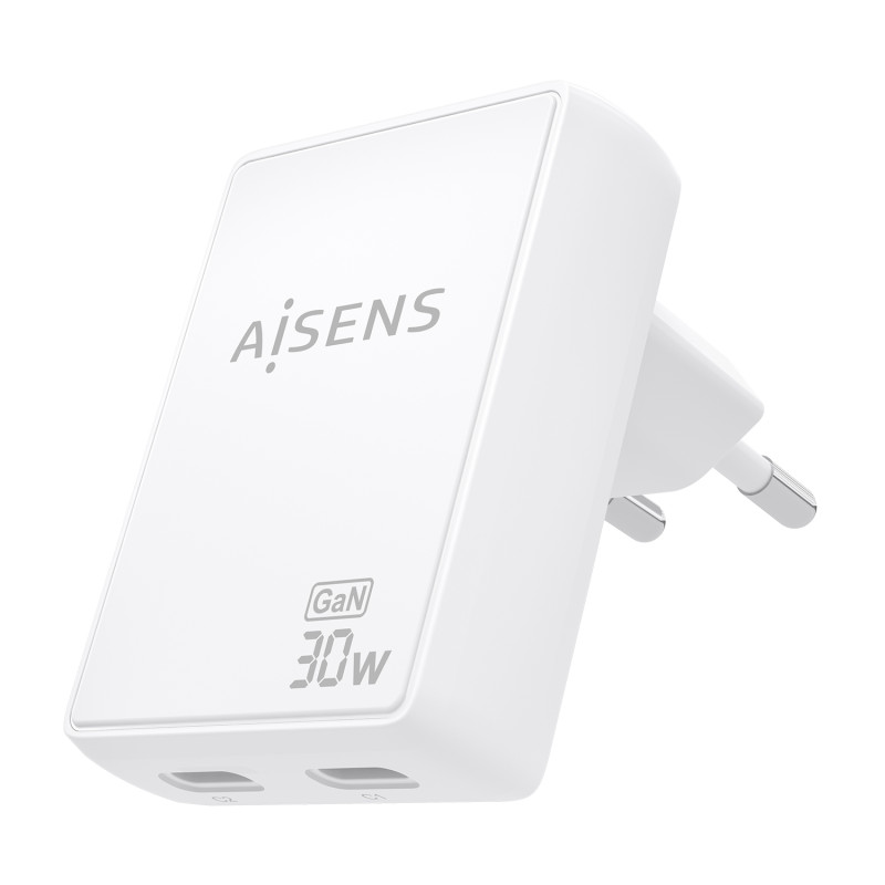 AISENS ASCH-30W2P075-W Cargador De Pared GaN Ultra Delgado 30W, 2xUSB-C PD3.0 QC4.0, Blanco, Interior, Corriente alterna, 20 V,