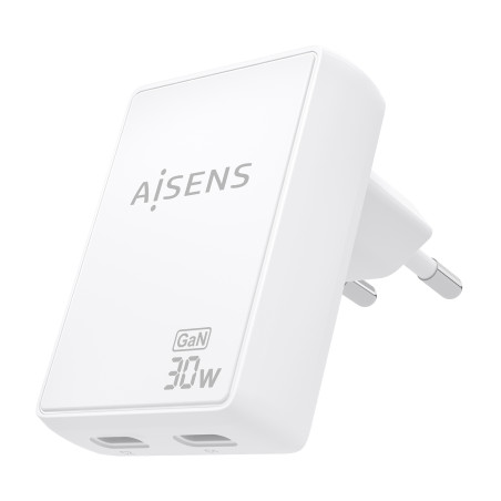 AISENS ASCH-30W2P075-W Cargador De Pared GaN Ultra Delgado 30W, 2xUSB-C PD3.0 QC4.0, Blanco, Interior, Corriente alterna, 20 V,