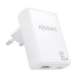 AISENS ASCH-30W2P074-W Cargador De Pared GaN Ultra Delgado 30W, 1xUSB-C PD3.0 QC4.0, 1xUSB-A QC3.0, Blanco, Interior, Corriente