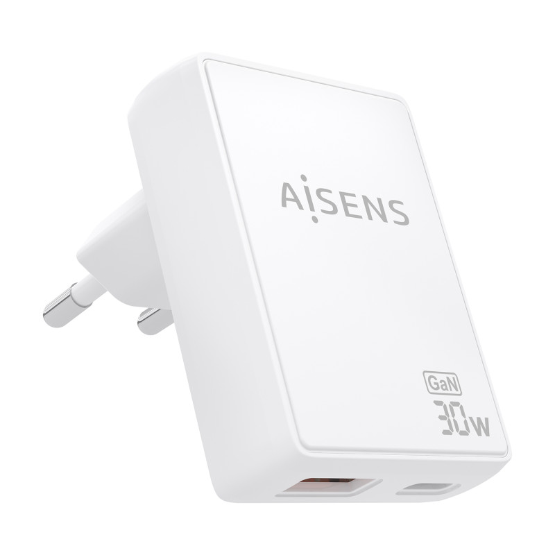 AISENS ASCH-30W2P074-W Cargador De Pared GaN Ultra Delgado 30W, 1xUSB-C PD3.0 QC4.0, 1xUSB-A QC3.0, Blanco, Interior, Corriente