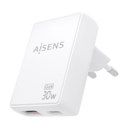 AISENS ASCH-30W2P074-W Cargador De Pared GaN Ultra Delgado 30W, 1xUSB-C PD3.0 QC4.0, 1xUSB-A QC3.0, Blanco, Interior, Corriente 2