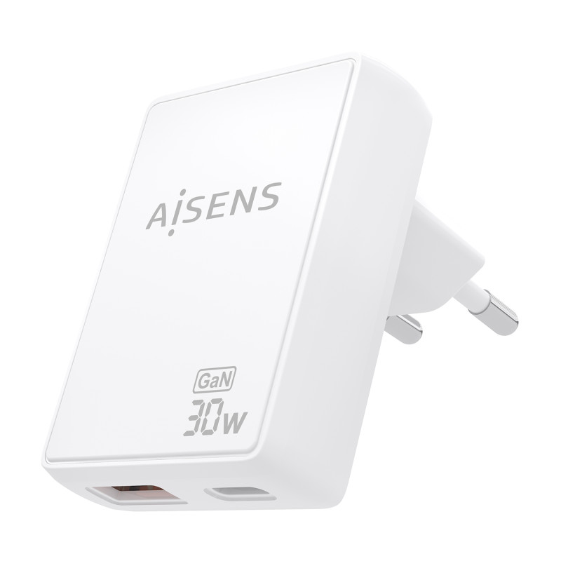 AISENS ASCH-30W2P074-W Cargador De Pared GaN Ultra Delgado 30W, 1xUSB-C PD3.0 QC4.0, 1xUSB-A QC3.0, Blanco, Interior, Corriente