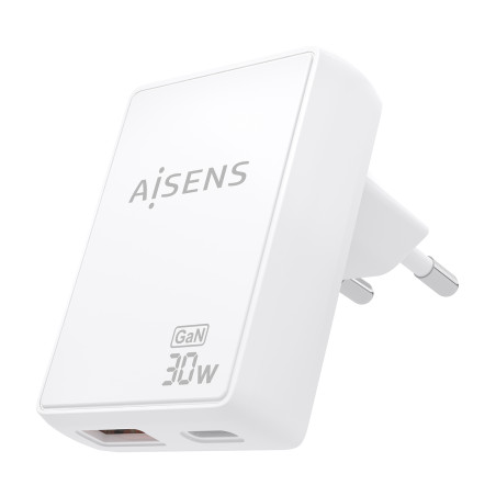 AISENS ASCH-30W2P074-W Cargador De Pared GaN Ultra Delgado 30W, 1xUSB-C PD3.0 QC4.0, 1xUSB-A QC3.0, Blanco, Interior, Corriente