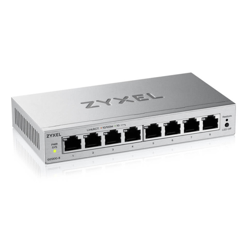 Zyxel GS1200-8V3-EU0101F GS1200-8V3, Gestionado, L2, Gigabit Ethernet (10/100/1000), Bidireccional completo (Full duplex),