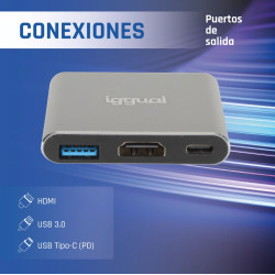 iggual IGG318461 Hub tipo C 3 en 1 HDMI USB3.0 PD100W, USB 3.2 Gen 1 (3.1 Gen 1) Type-C, 100 W, Negro, 4K Ultra HD, HDMI, USB 2