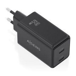 AISENS ASCH-65W2P079-BK Cargador GaN 65W, 2xUSB-C PD3.0 QC4.0, Negro, Interior, Corriente alterna, 20 V, Negro