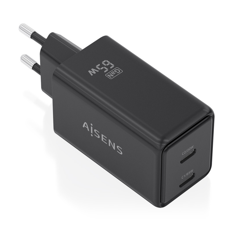 AISENS ASCH-65W2P079-BK Cargador GaN 65W, 2xUSB-C PD3.0 QC4.0, Negro, Interior, Corriente alterna, 20 V, Negro