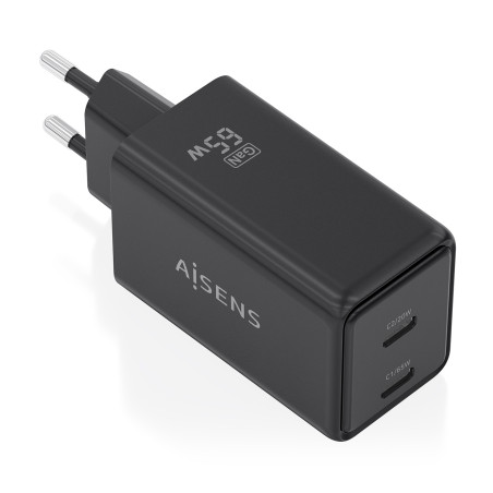 AISENS ASCH-65W2P079-BK Cargador GaN 65W, 2xUSB-C PD3.0 QC4.0, Negro, Interior, Corriente alterna, 20 V, Negro