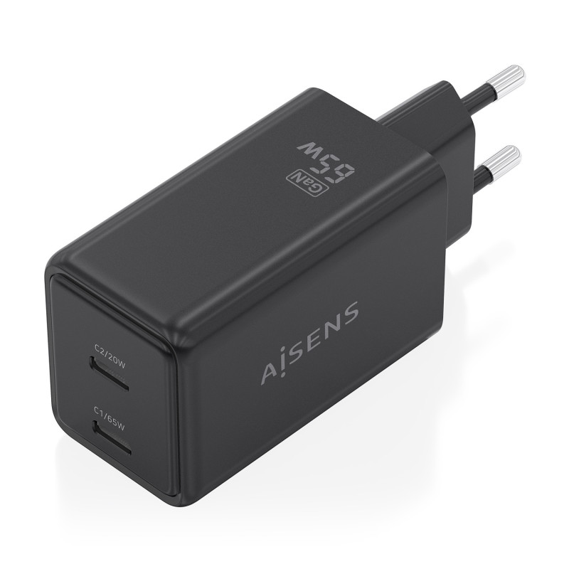 AISENS ASCH-65W2P079-BK Cargador GaN 65W, 2xUSB-C PD3.0 QC4.0, Negro, Interior, Corriente alterna, 20 V, Negro