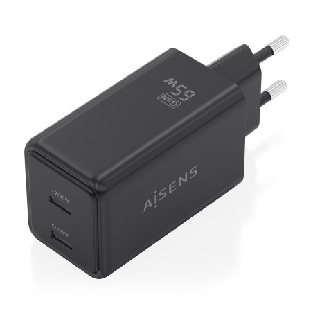 AISENS ASCH-65W2P079-BK Cargador GaN 65W, 2xUSB-C PD3.0 QC4.0, Negro, Interior, Corriente alterna, 20 V, Negro