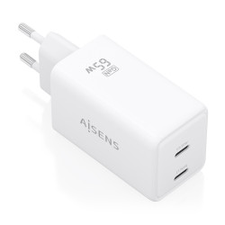 AISENS ASCH-65W2P078-W Cargador GaN 65W, 2xUSB-C PD3.0 QC4.0, Blanco, Interior, Corriente alterna, 20 V, Blanco