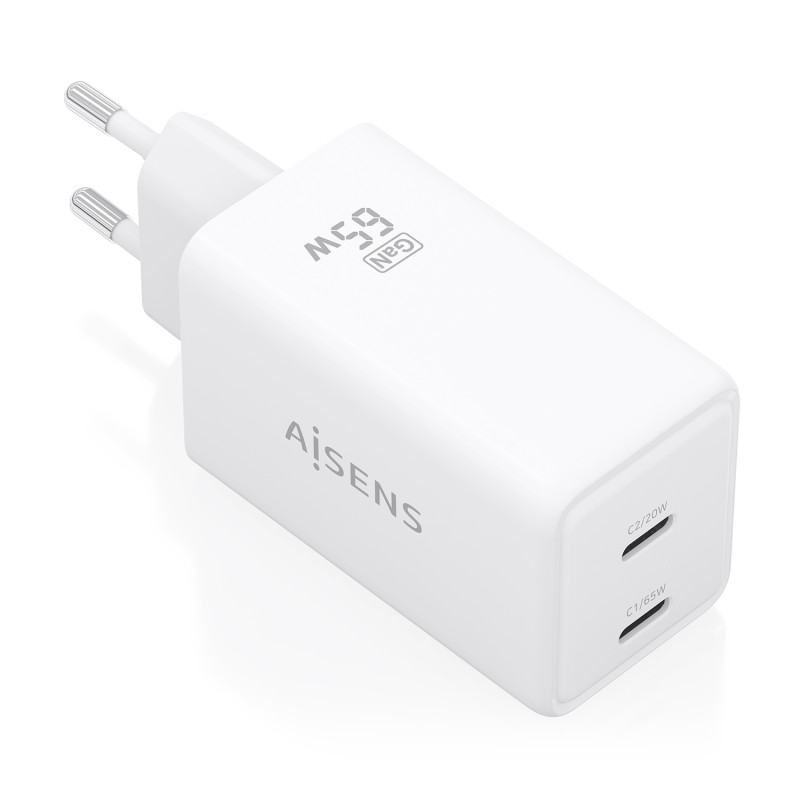 AISENS ASCH-65W2P078-W Cargador GaN 65W, 2xUSB-C PD3.0 QC4.0, Blanco, Interior, Corriente alterna, 20 V, Blanco