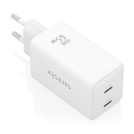 AISENS ASCH-65W2P078-W Cargador GaN 65W, 2xUSB-C PD3.0 QC4.0, Blanco, Interior, Corriente alterna, 20 V, Blanco