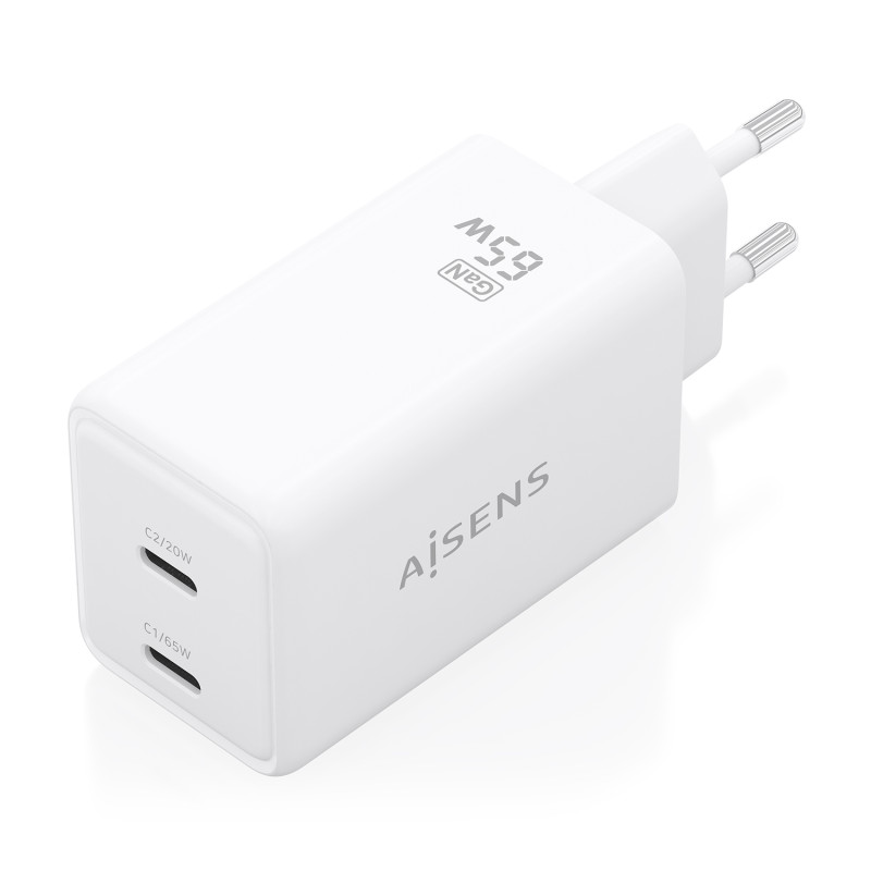 AISENS ASCH-65W2P078-W Cargador GaN 65W, 2xUSB-C PD3.0 QC4.0, Blanco, Interior, Corriente alterna, 20 V, Blanco