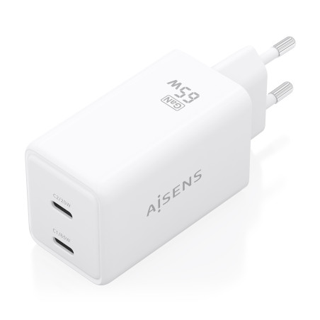 AISENS ASCH-65W2P078-W Cargador GaN 65W, 2xUSB-C PD3.0 QC4.0, Blanco, Interior, Corriente alterna, 20 V, Blanco