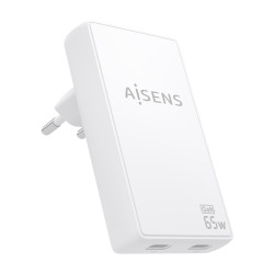 AISENS ASCH-65W2P077-W Cargador De Pared GaN Ultra Delgado 65W, 2xUSB-C PD3.0 QC4.0, Blanco, Interior, Corriente alterna, 20 V,