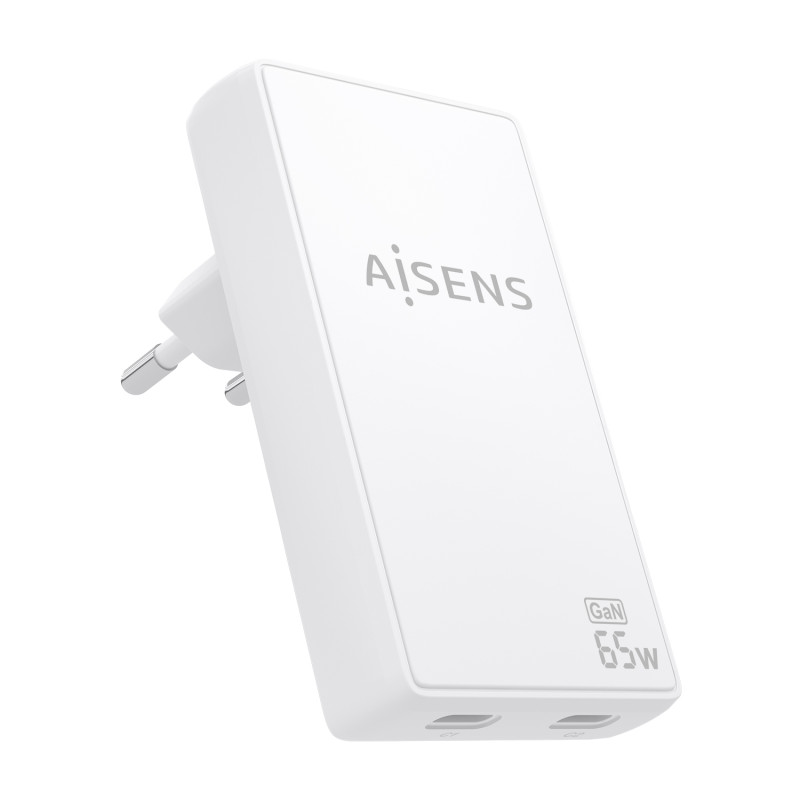 AISENS ASCH-65W2P077-W Cargador De Pared GaN Ultra Delgado 65W, 2xUSB-C PD3.0 QC4.0, Blanco, Interior, Corriente alterna, 20 V,
