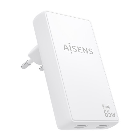 AISENS ASCH-65W2P077-W Cargador De Pared GaN Ultra Delgado 65W, 2xUSB-C PD3.0 QC4.0, Blanco, Interior, Corriente alterna, 20 V,