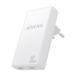 AISENS ASCH-65W2P077-W Cargador De Pared GaN Ultra Delgado 65W, 2xUSB-C PD3.0 QC4.0, Blanco, Interior, Corriente alterna, 20 V, 2