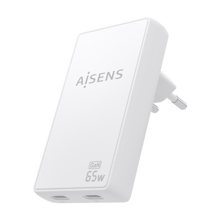 AISENS ASCH-65W2P077-W Cargador De Pared GaN Ultra Delgado 65W, 2xUSB-C PD3.0 QC4.0, Blanco, Interior, Corriente alterna, 20 V,