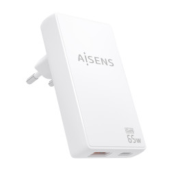 AISENS ASCH-65W2P076-W Cargador De Pared GaN Ultra Delgado 65W, 1xUSB-C PD3.0 QC4.0, 1xUSB-A QC3.0, Blanco, Interior, Corriente