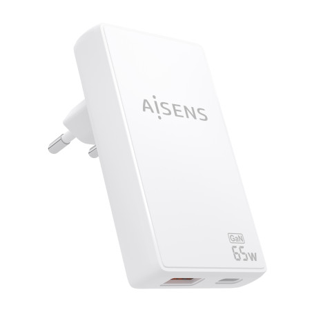 AISENS ASCH-65W2P076-W Cargador De Pared GaN Ultra Delgado 65W, 1xUSB-C PD3.0 QC4.0, 1xUSB-A QC3.0, Blanco, Interior, Corriente