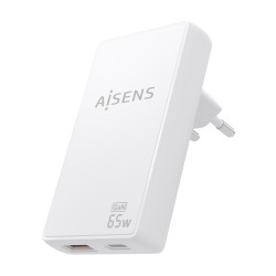AISENS ASCH-65W2P076-W Cargador De Pared GaN Ultra Delgado 65W, 1xUSB-C PD3.0 QC4.0, 1xUSB-A QC3.0, Blanco, Interior, Corriente 2