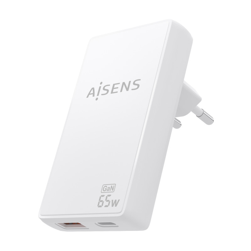 AISENS ASCH-65W2P076-W Cargador De Pared GaN Ultra Delgado 65W, 1xUSB-C PD3.0 QC4.0, 1xUSB-A QC3.0, Blanco, Interior, Corriente