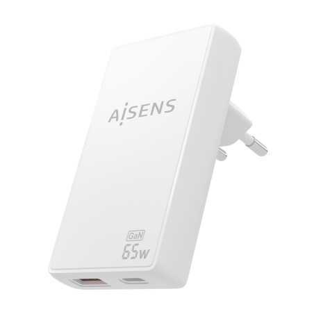 AISENS ASCH-65W2P076-W Cargador De Pared GaN Ultra Delgado 65W, 1xUSB-C PD3.0 QC4.0, 1xUSB-A QC3.0, Blanco, Interior, Corriente