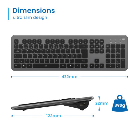Ewent EW3297 EW3296, Completo (100%), Inalámbrico, RF inalámbrica + USB, Interruptor de membrana, QWERTY, Negro, Gris