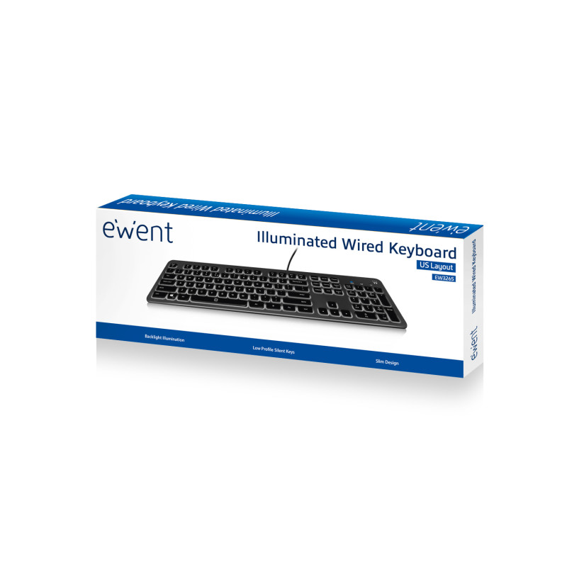 Ewent EW3270 EW3270, Alámbrico, USB, Switch de tecla de tijera, QWERTY, LED, Negro