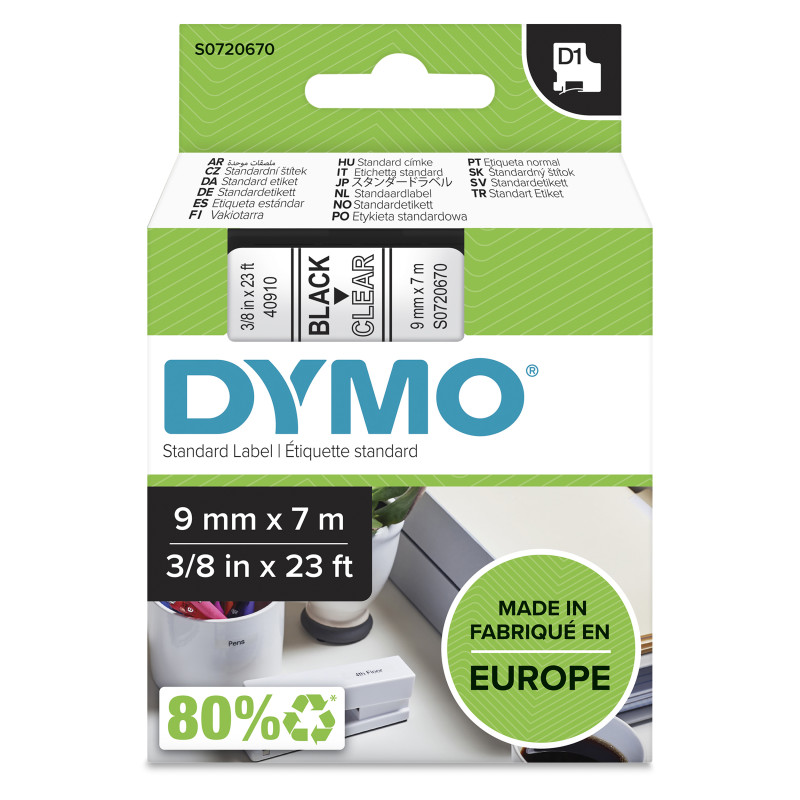 DYMO S0720670 D1 etiquetas auténticas | impresión negra sobre fondo transparente | 9 mm × 7 m | etiquetas autoadhesivas para