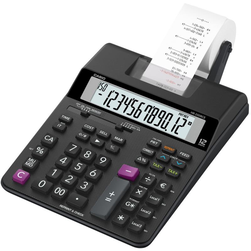 Casio HR-200RCE HR-200RCE, Escritorio, Calculadora de impresión, 12 dígitos, 1 líneas, Batería, Negro