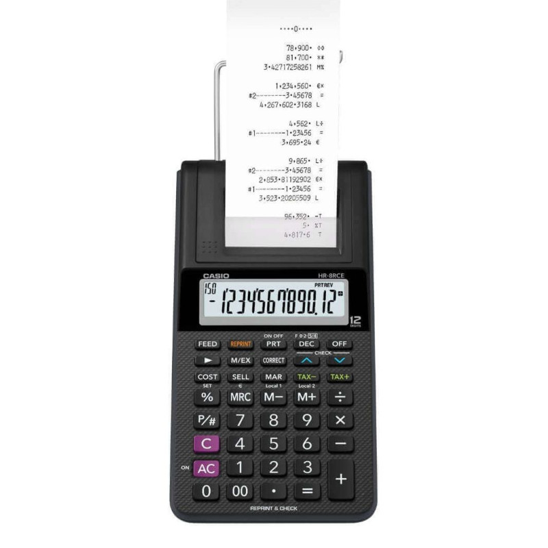 Casio HR-8RCE-BK-W HR-8RCE-BK, Escritorio, Calculadora de impresión, 12 dígitos, 1 líneas, Batería, Negro