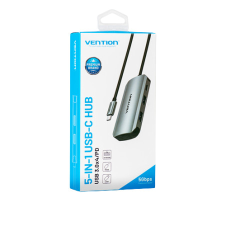 Vention TNBHB Hub USB Tipo-C TNBHB/ 4xUSB/ 1xUSB Tipo-C PD, USB Tipo C, USB 3.2 Gen 1 (3.1 Gen 1) Type-A, 5000 Mbit/s, Gris,