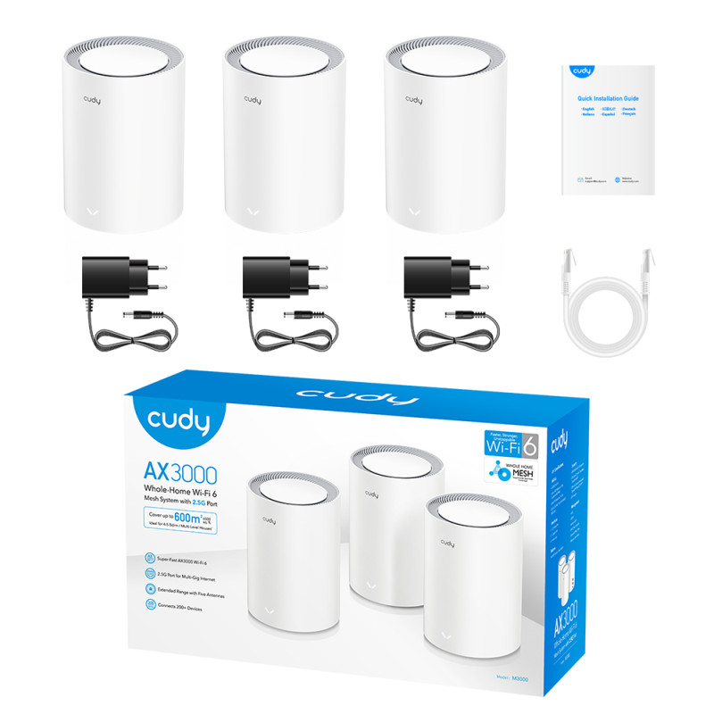 Cudy M3000 3-PACK M3000 3-PACK, Gris, Blanco, Interno, Sistema de malla, Omni-direccional, 603,8 m², Doble banda (2,4 GHz / 5