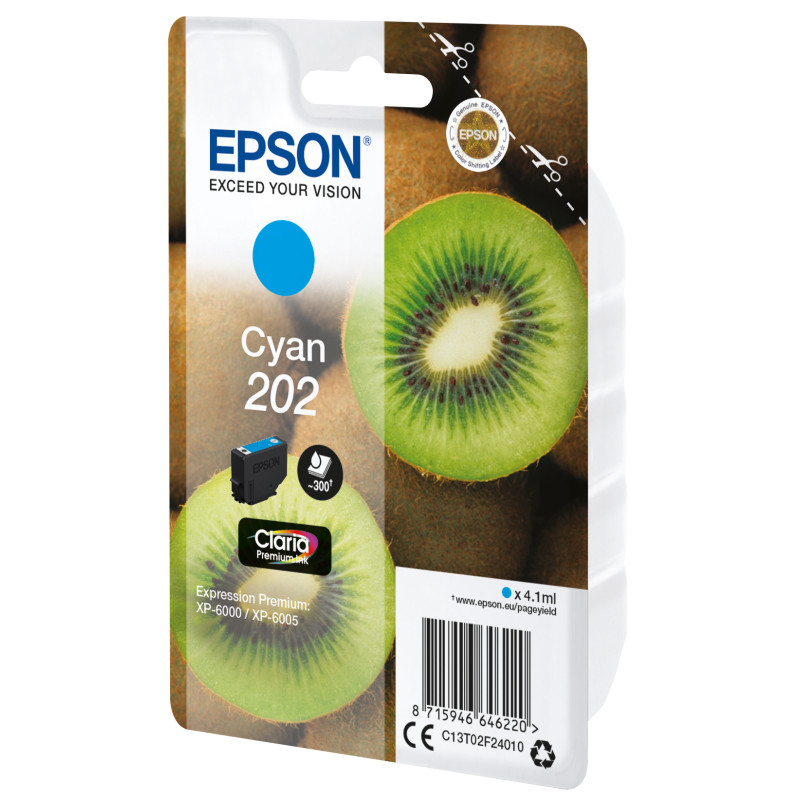 Epson C13T02F24020 Kiwi Singlepack Cyan 202 Claria Premium Ink, Rendimiento estándar, Cian, 4,1 ml, 1 pieza(s), 300 páginas