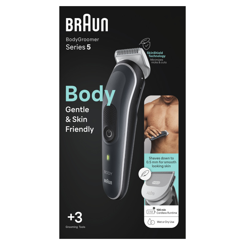Braun 417187 BodyGroomer BG5340, Mojado y seco, AC/Batería, Negro, Plata