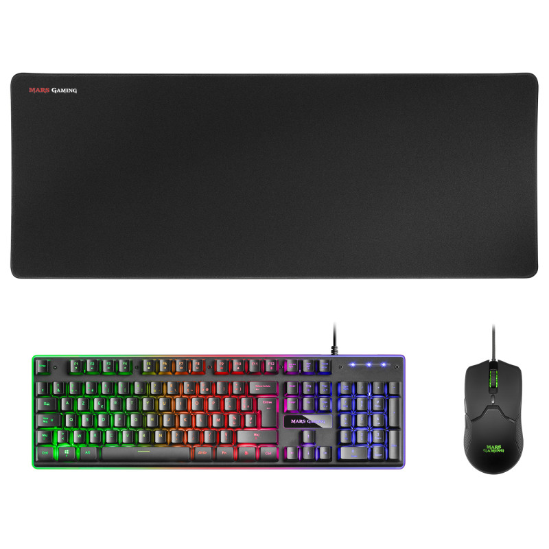 Mars Gaming MCPXBFR MCPXBFR, Combo Teclado H-Mech FRGB, Ratón Ultraligero 10000DPI y Alfombrilla XXL, Negro, Idioma Francés,