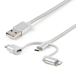 StarTech.com LTCUB1MGR Cable Trenzado de 1m USB a Lightning USB-C y Micro USB - Cable Cargador para Teléfono Móvil iPhone