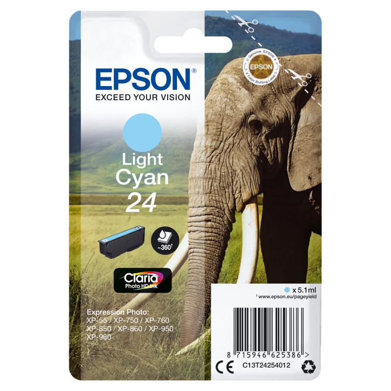 Epson C13T24254012 Elephant Cartucho 24 cian claro, Rendimiento estándar, Cian claro, Tinta a base de pigmentos, 5,1 ml, 1