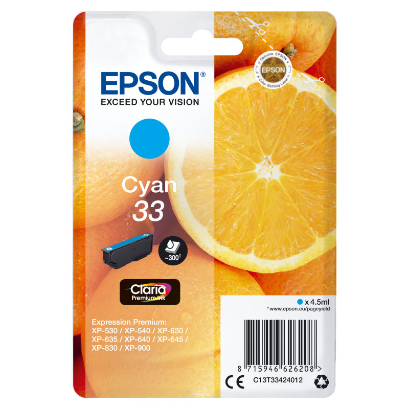 Epson C13T33424012 Oranges Singlepack Cyan 33 Claria Premium Ink, Rendimiento estándar, Cian, 4,5 ml, 1 pieza(s), 300 páginas