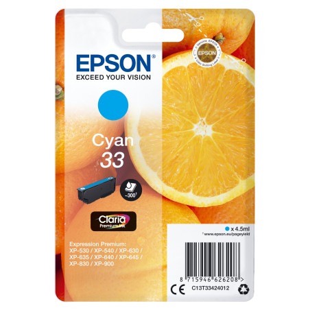 Epson C13T33424012 Oranges Singlepack Cyan 33 Claria Premium Ink, Rendimiento estándar, Cian, 4,5 ml, 1 pieza(s), 300 páginas