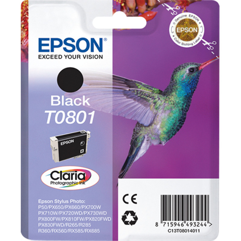 Epson C13T08014011 Hummingbird Cartucho T0801 negro, Negro, Tinta a base de pigmentos, 7,4 ml, 1 pieza(s)