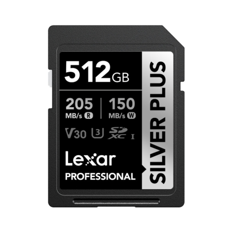 Lexar LSDSIPL512G-BNNNG Professional SILVER PLUS, 512 GB, SDXC, UHS-I, 205 MB/s, 150 MB/s, Class 3 (U3)