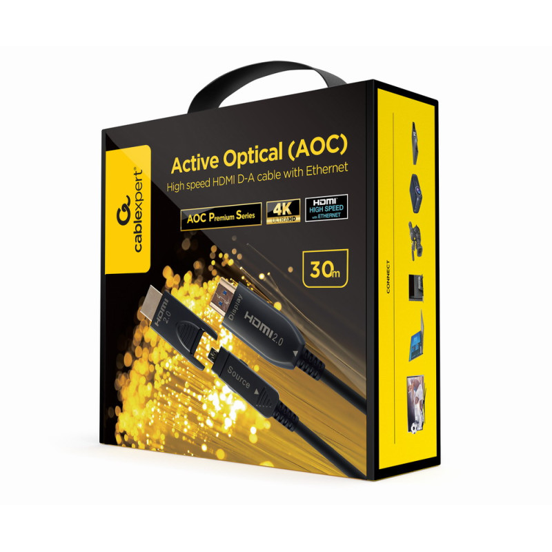 Gembird CCBP-HDMID-AOC-30M CCBP-HDMID-AOC-30M, 30 m, HDMI tipo A (Estándar), HDMI tipo D (Micro), 18 Gbit/s, Negro